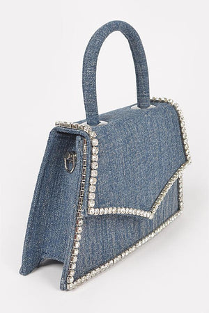 Adorned with Rhinestones Denim Top Handle Clutch Bag in Dark Blue & Light Blue