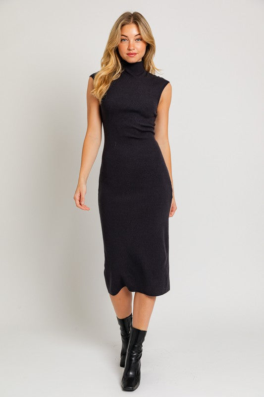 From Day to Night Cap Sleeve Midi Sweater Dress in Black