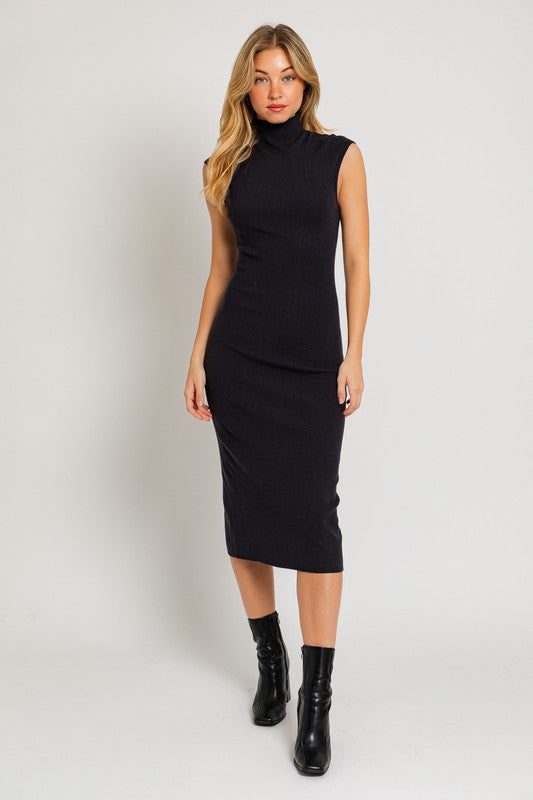 From Day to Night Cap Sleeve Midi Sweater Dress in Black