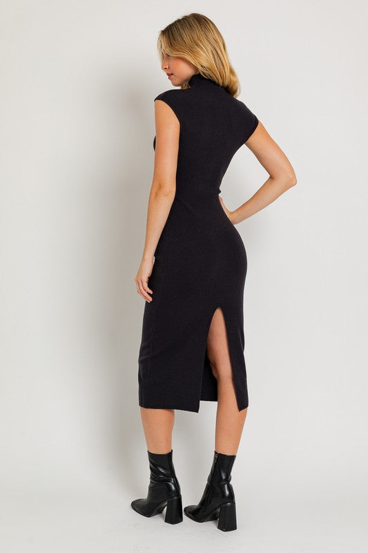 From Day to Night Cap Sleeve Midi Sweater Dress in Black