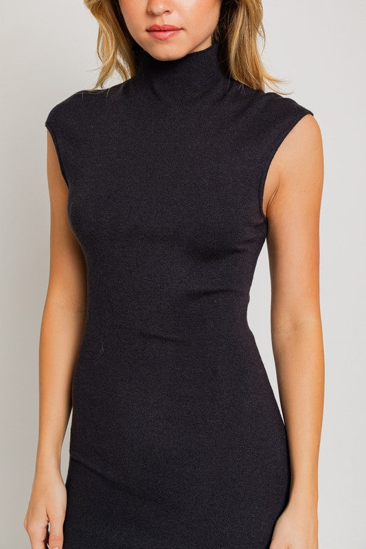 From Day to Night Cap Sleeve Midi Sweater Dress in Black