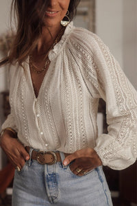 Lavinia Crochet Lace  Button Down Knit Top in Ivory & Black