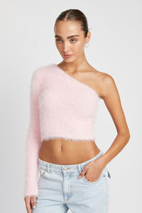 Fuzzy Eyelash One Shoulder Sweater Top in Pink & Cream