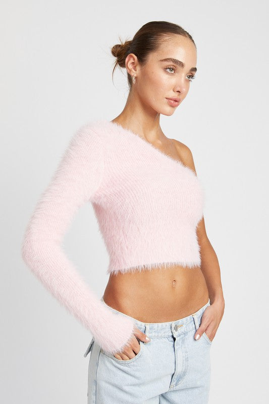 Fuzzy Eyelash One Shoulder Sweater Top in Pink & Cream