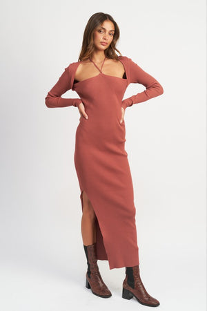 Ariana Knit Halter Neck Maxi Dress in Rust & Navy