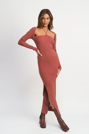 Ariana Knit Halter Neck Maxi Dress in Rust & Navy