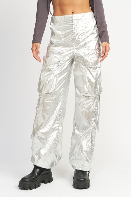 Pedal to the Metalllic Cargo Pants in Silver