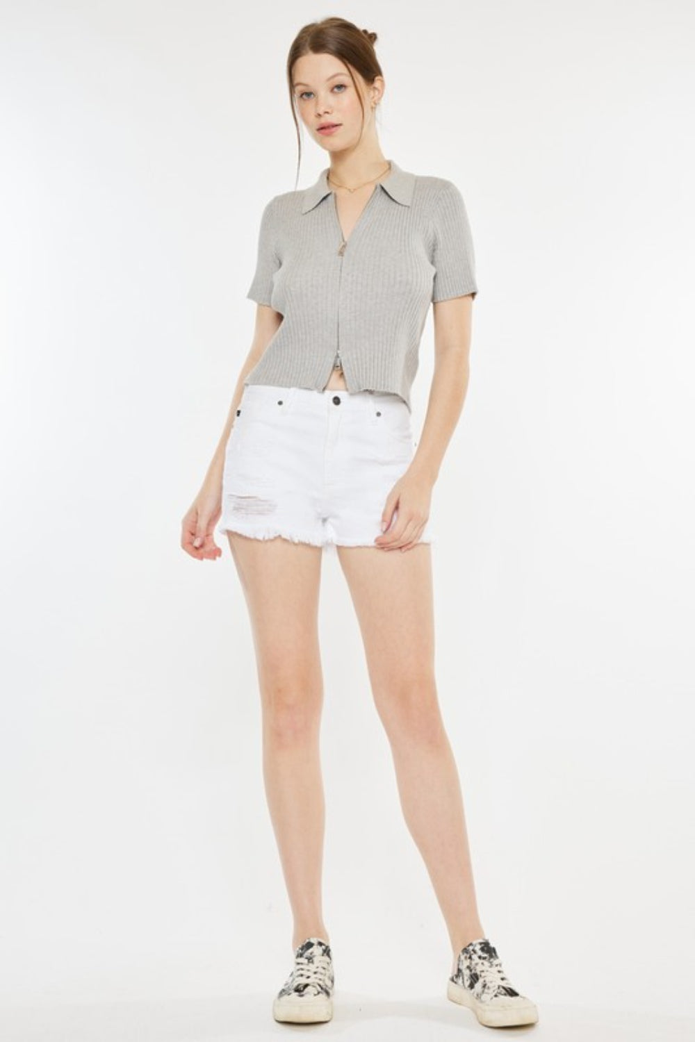 Cara Raw Hem Distressed Denim Shorts in White