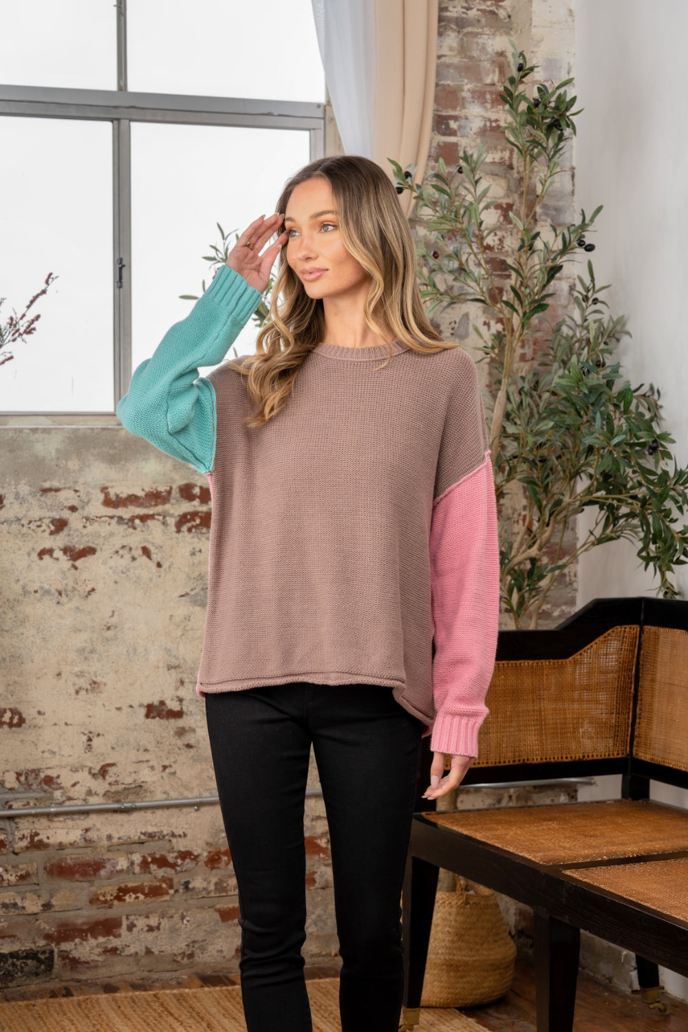 Color Me Happy Color Block Sweater in Taupe/Pink