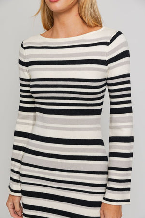 Striped to Perfection Mini Sweater Dress in White/Black Stripe