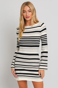 Striped to Perfection Mini Sweater Dress in White/Black Stripe