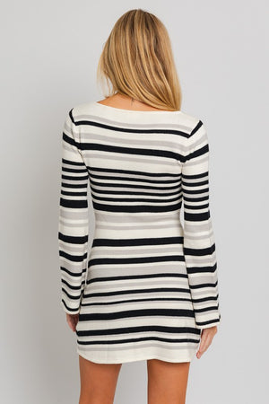 Striped to Perfection Mini Sweater Dress in White/Black Stripe