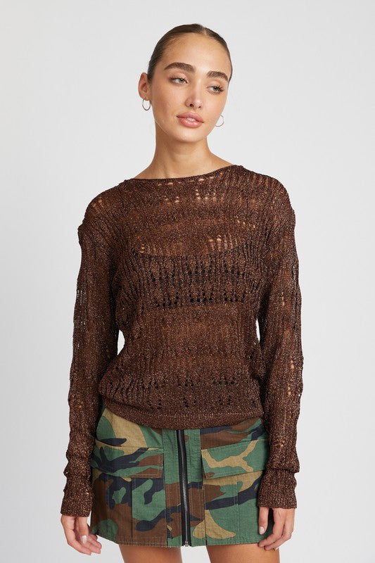 Glittery Fab Long Sleeve Crochet Top in Chocolate