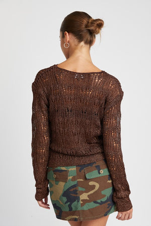 Glittery Fab Long Sleeve Crochet Top in Chocolate