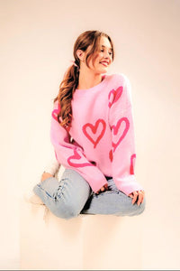 Warm My Heart Print Sweater in Pink & Fuchsia