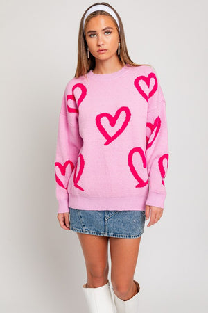 Warm My Heart Print Sweater in Pink & Fuchsia