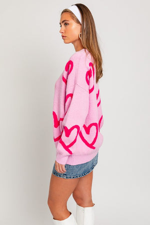 Warm My Heart Print Sweater in Pink & Fuchsia