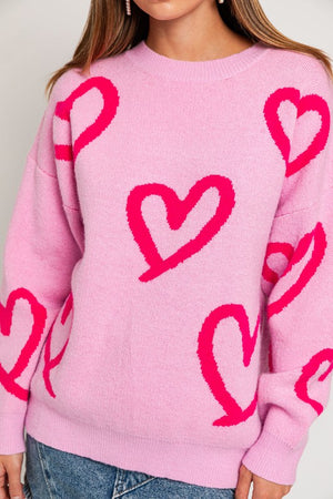 Warm My Heart Print Sweater in Pink & Fuchsia