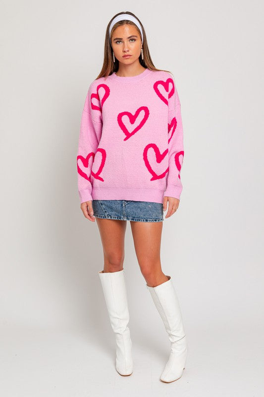 Warm My Heart Print Sweater in Pink & Fuchsia