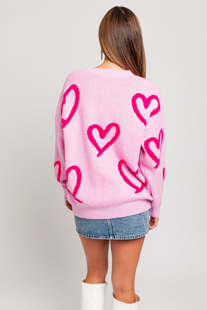 Warm My Heart Print Sweater in Pink & Fuchsia