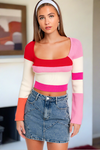 Such a Square Neck Striped Cropped Knit Top in Red Multi