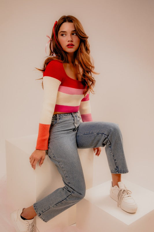 Such a Square Neck Striped Cropped Knit Top in Red Multi