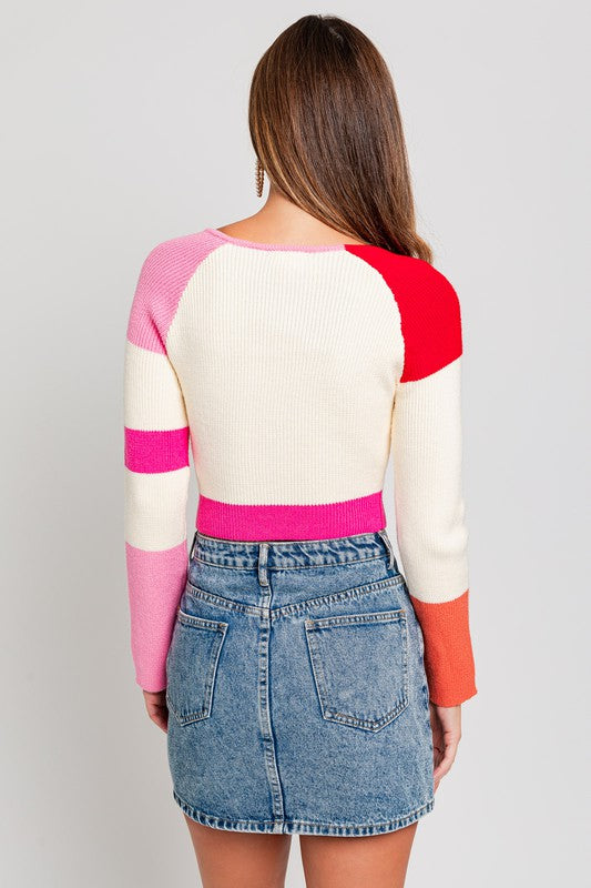 Such a Square Neck Striped Cropped Knit Top in Red Multi