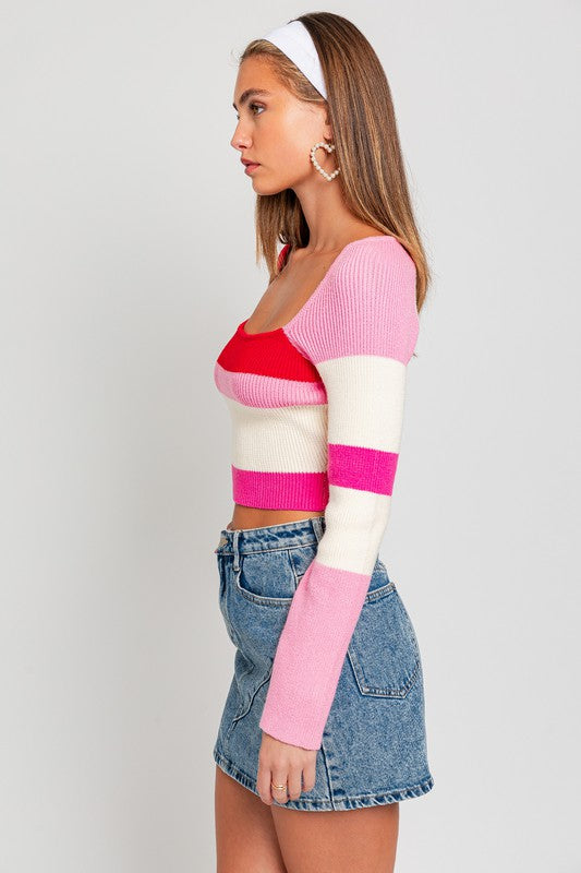 Such a Square Neck Striped Cropped Knit Top in Red Multi