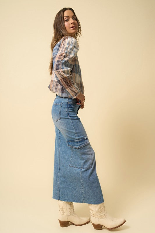 City Trekker Cargo Denim Maxi Skirt in Medium Wash