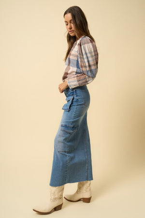 City Trekker Cargo Denim Maxi Skirt in Medium Wash