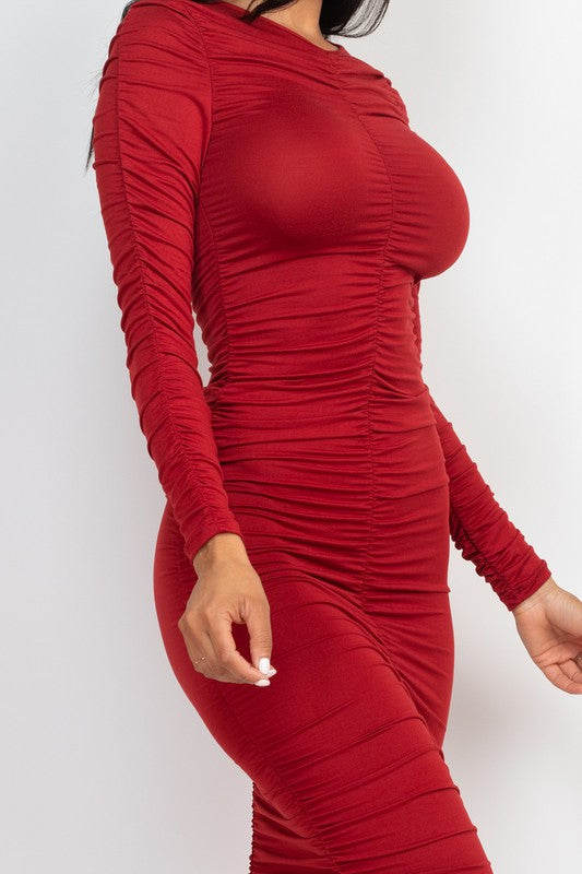 Sculpted Elegance Ruched Midi Dress in a Variety of Colors