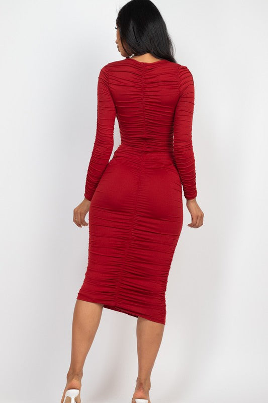 Sculpted Elegance Ruched Midi Dress in a Variety of Colors