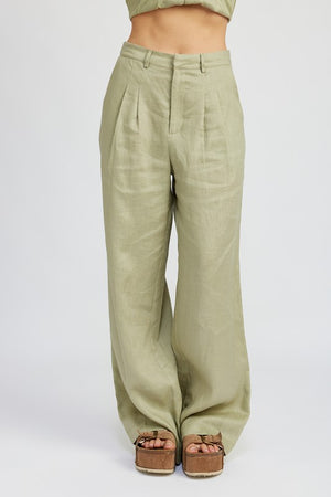 Amande Pleated Linen Pants in Sage