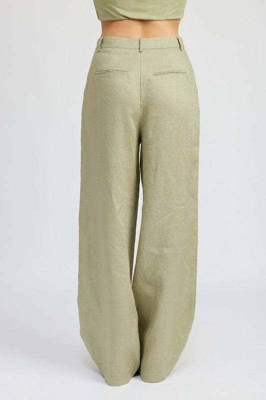 Amande Pleated Linen Pants in Sage