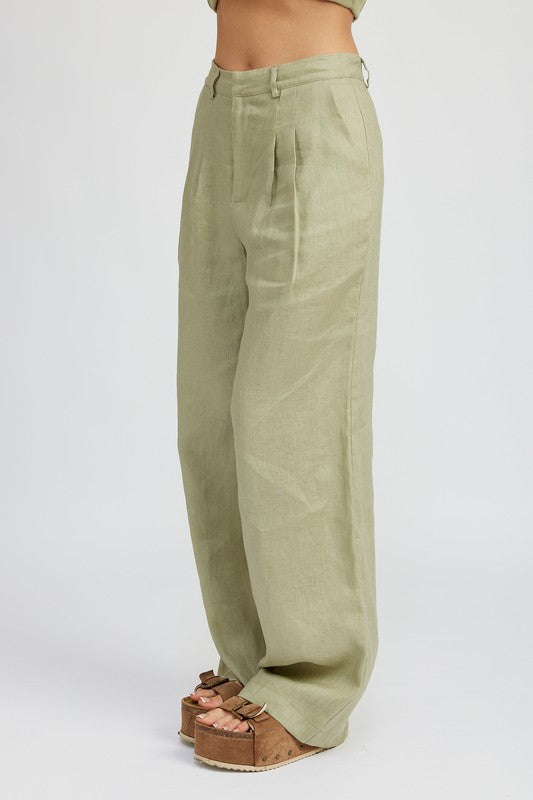 Amande Pleated Linen Pants in Sage