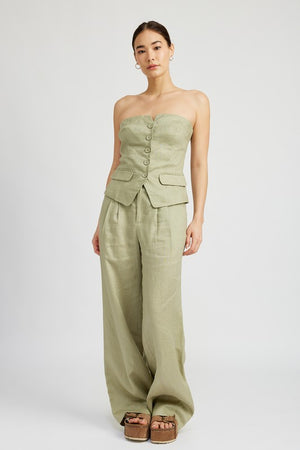 Amande Button Down Bustier Linen Top in Sage