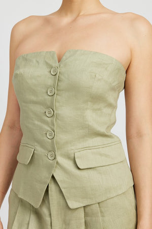 Amande Button Down Bustier Linen Top in Sage