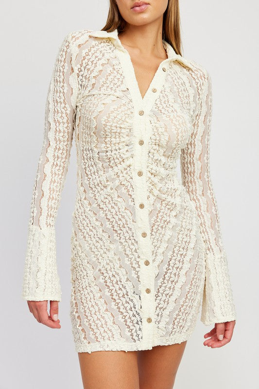 La Plage Button Down Lace Cover Up Dress in Ivory & Black