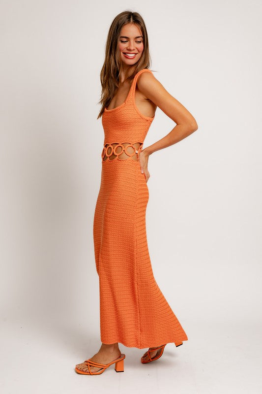 Boho Flair Cut Out Crochet Midi Dress in Orange & Cream