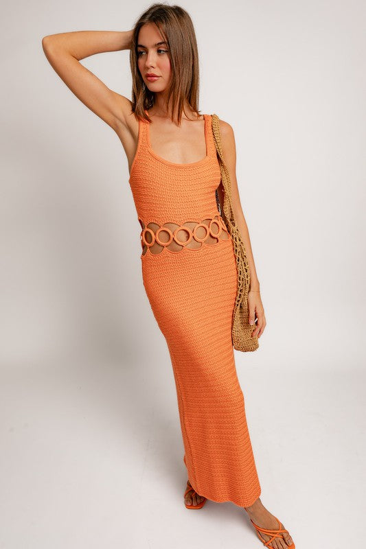 Boho Flair Cut Out Crochet Midi Dress in Orange & Cream