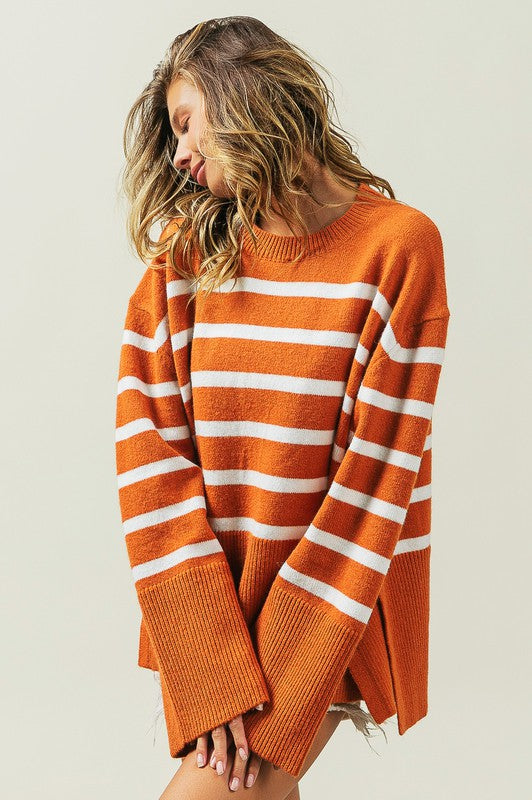 Slit Level Striped Sweater in Rust & Black