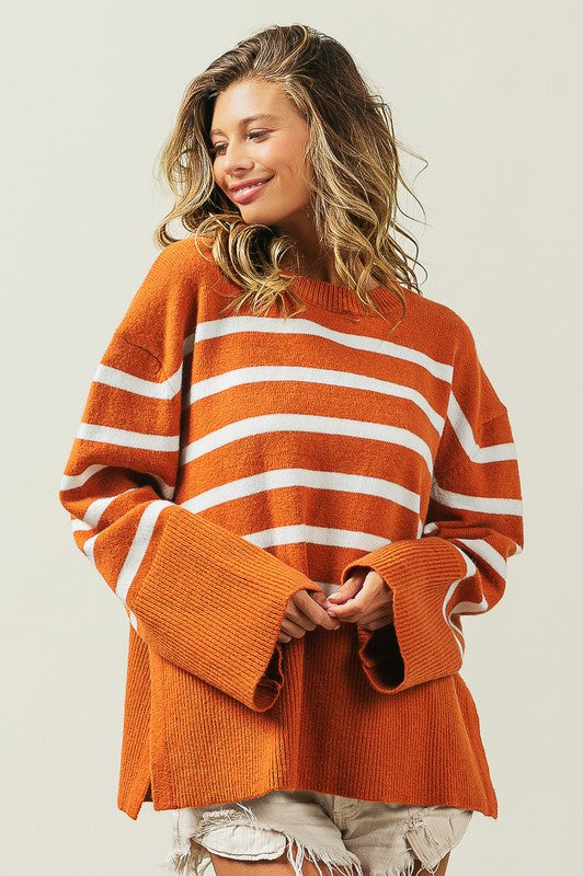 Slit Level Striped Sweater in Rust & Black