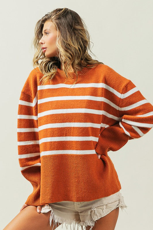 Slit Level Striped Sweater in Rust & Black