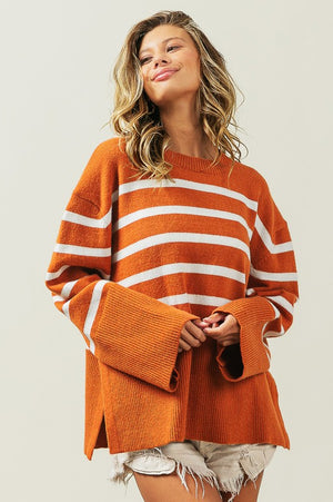 Slit Level Striped Sweater in Rust & Black