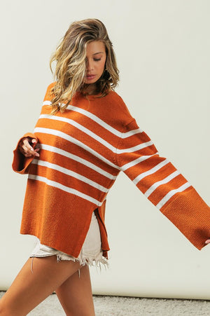 Slit Level Striped Sweater in Rust & Black