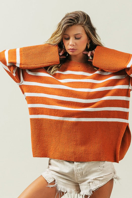 Slit Level Striped Sweater in Rust & Black