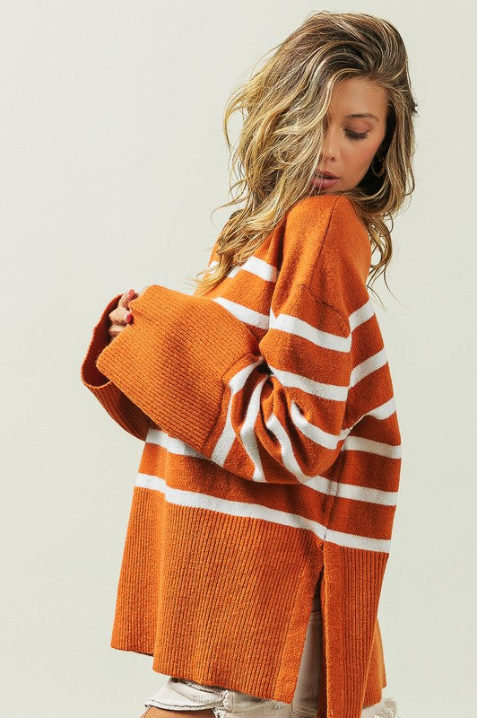 Slit Level Striped Sweater in Rust & Black