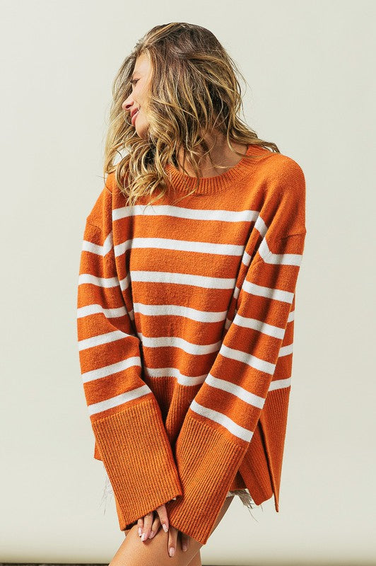 Slit Level Striped Sweater in Rust & Black