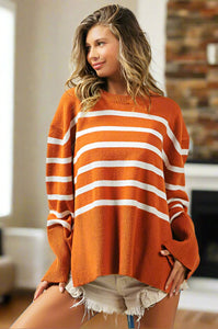 Slit Level Striped Sweater in Rust & Black