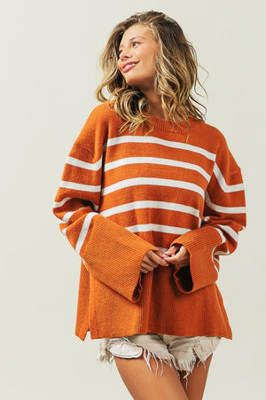 Slit Level Striped Sweater in Rust & Black